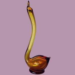 Vintage Mid Century Modern Unique 1960s Blown Glass Amber Glass Swan